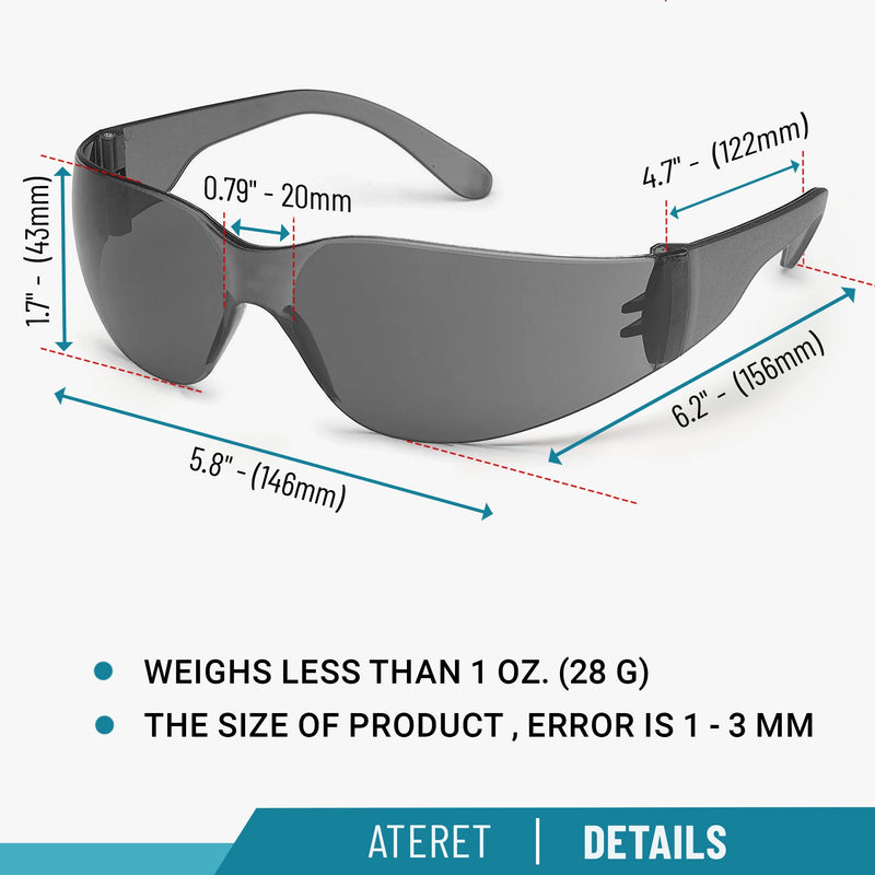 ATERET 24 Pairs Safety Glasses, Scratch and Impact Resistant, Polycarbonate ANSI Z87.1 Lens, Protective Eyewear for Lab, Industrial, Carpentry, Shooting (Grey) Grey