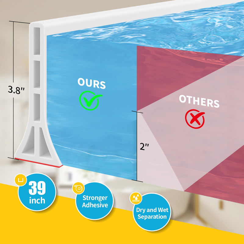 3.8'' High Shower Threshold Water Dam 39 Inch Collapsible Self Adhesive Shower Water Splash Guard Shower Water Blocker Wet and Dry Separation for Bathroom (39 Inch, White)