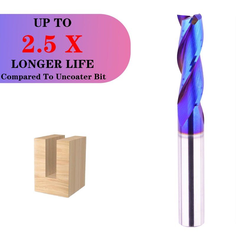 3/8 inch Shank Spiral CNC Router Bits Solid Carbide End Mill 3 Fluter Up Cut with NACO Blue Coated for Grooving Slots Mortises and Wood Carving