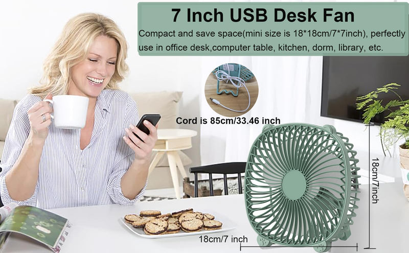 USB Wired Desk Fan, 7 Inches Small Quiet Cooler, Hanging/Wall-Mounted/Stand Table Cooling Fans for Home Office Kitchen Car Use (Green) Green