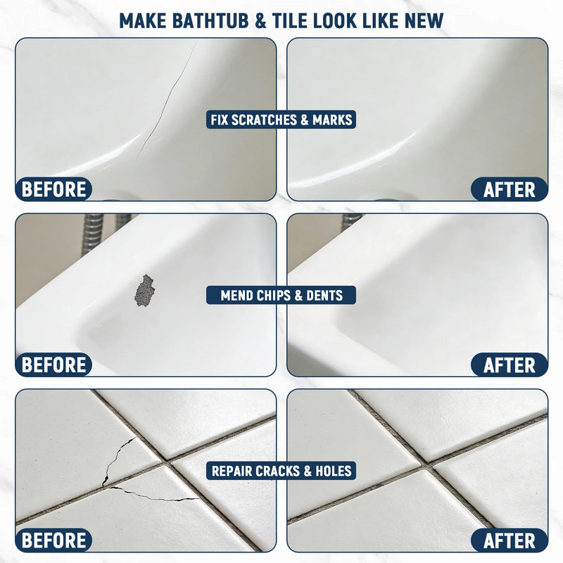 Tile & Bathtub Repair Kit (Color Match, 6-Color, 80g x 2, Total 160g), Porcelain Ceramic, Fixes Chips Dents Cracks Scratches for Marble Acrylic Fiberglass Granite Countertops & Bath Surfaces White