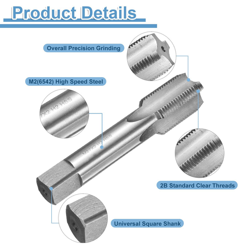 uxcell Hand Bottom Tap M27 x 2 H2 Metric Thread Bottoming Style Threading Taps High Speed Steel HSS6542 Straight Flutes Screw Tapping Tool