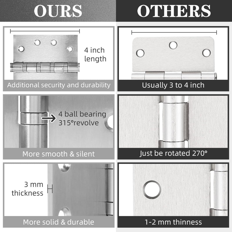 6Pcs Stainless Steel Silver Door Hinges, 4 x 4 Inch Door Hinge with Ball Bearing, Heavy Duty Door Hardware, Door Hinges with Square Corners 6 Pack