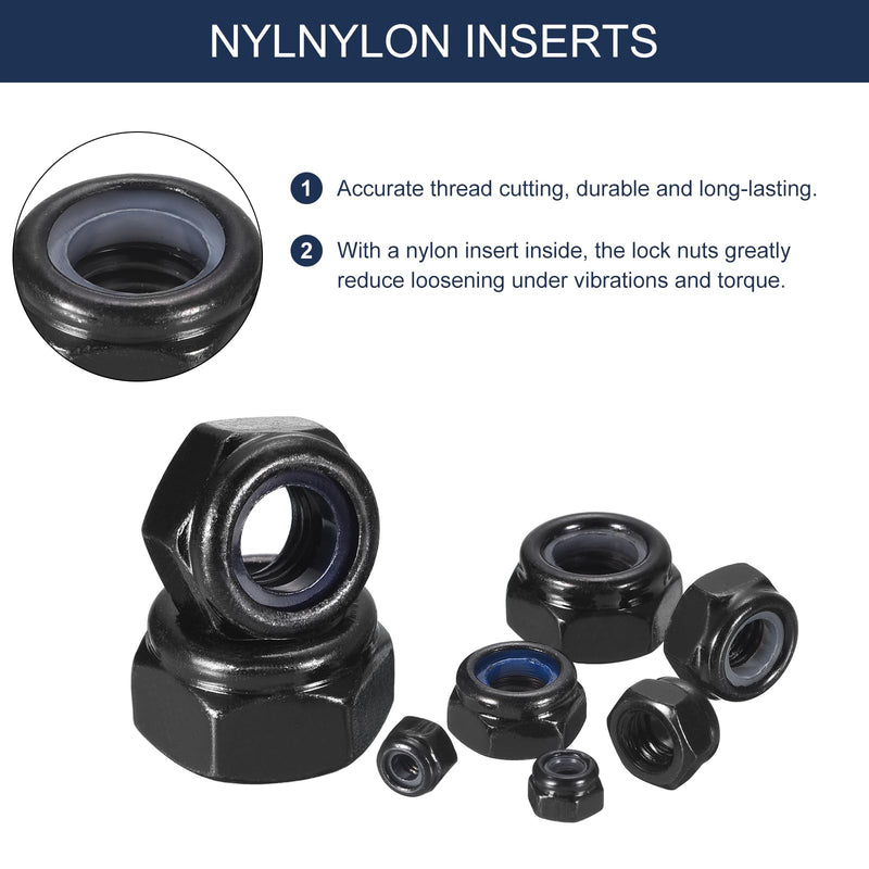 uxcell 15Pcs M6 x 1 Nylon Insert Hex Lock Nuts, Carbon Steel Self-Locking Nylon Insert Stop Nut for Industrial Construction Fasteners, Black&Black M6x1 15
