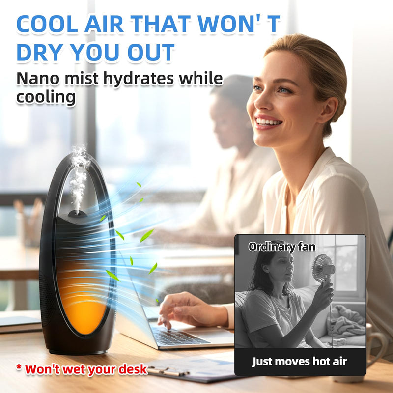 Bladeless Desk Fan with Mist, 13-Inch Rechargeable Table Fan, 9 Speeds, 60° Oscillation, 1-9H Timer, Night Light, Quiet Portable Fan for Bedroom, Office & Dorm, Dark Gray