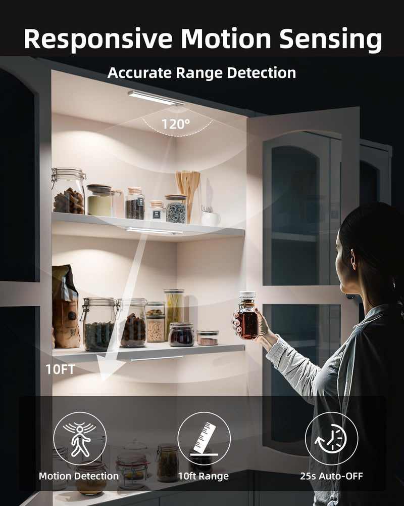 EZVALO Under Cabinet Lighting Wireless, 3 Color Temps Motion Sensor Light Indoor, 62 LED Rechargeable Battery Operated Closet Lights, Dimmable Magnetic Under Counter Lights for Kitchen, Stairs(2 Pack) 2Pack-8inch White