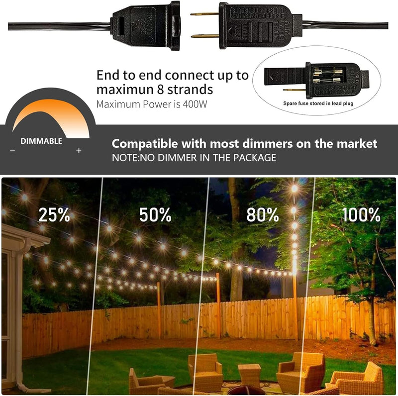 Outdoor String Lights 25ft, G40 Led Patio Lights with 13pcs Plastics Bulbs, Shatterproof Waterproof Connectable Hanging Globe Lights for Porch Cafe Bistro Backyard Gazebo Balcony Party