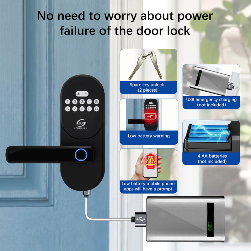Smart Deadbolt with Handle, Fingerprint Door Lock, Keyless Entry with Keypad & APP Control, IP65 Weatherproof for Front Door, Bedroom, Office