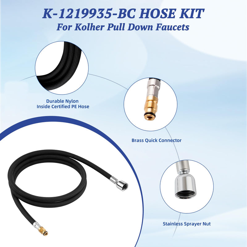 Hygie Rinse K-1219935-BC Hose Kit Compatible with Kohler Pull Down Kitchen Faucet, 68 Inches Bright Chrome Pull-Out Kitchen Faucet Hose Replacement Part of K-1304674-BC, with 4 Adapters facuet hose + adapter
