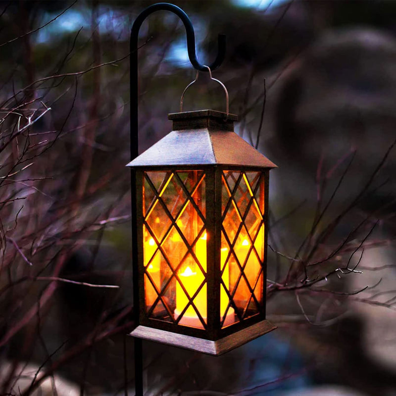 Solar Outdoor Lantern, Garden Hanging Waterproof Lanterns PVC Upgrade 3 LED Flickering Flameless Candle Decorative for Garden Women Mom Grandma Halloween Gifts (Grid Candle) grid candle
