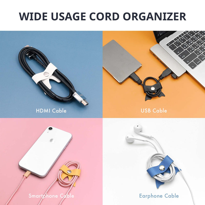 SenseAGE 5 Pack Cord Organizer, Bow Cord Keeper, Cable Organizer USB holder, Leather Cable Management, Cable Straps, Earphone winder, Storage Straps for Electronics, Earbuds, Small, Pink