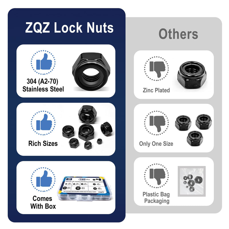 ZQZ 180 Pack Black Locknuts Assortment Kit, M3 M4 M5 M6 M8 M10 M12 Metric Black Nylon Insert Lock Nuts Set, 304 Stainless Steel Standard Threaded Black Nylock Nuts 180 Pack;Metric Locknuts