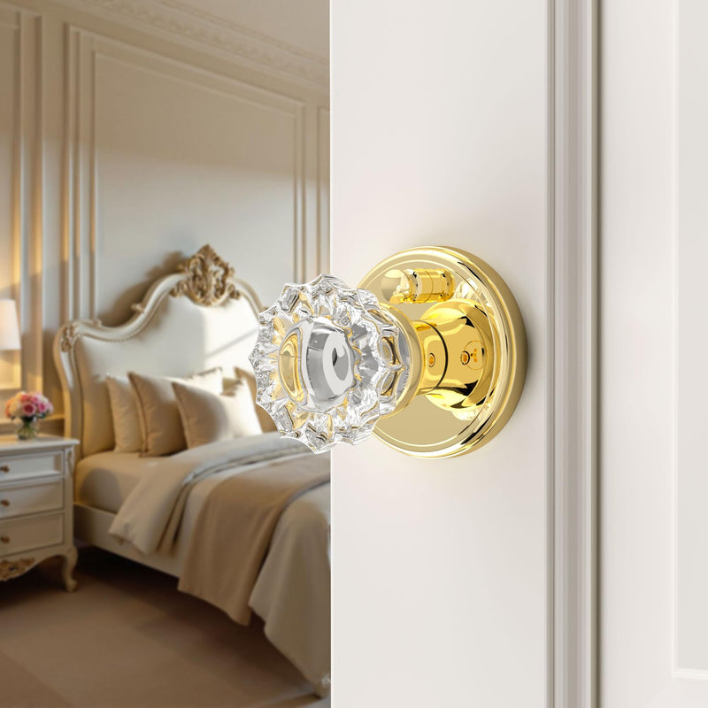 Glass Door Knobs Interior, Privacy Crystal Door Knobs with Lock for Bedroom Bathroom, Push Pin Button Inside Lock Polished Gold Privacy 1Pack