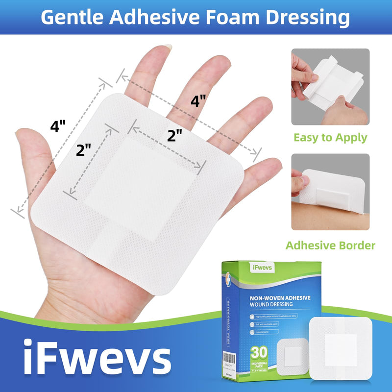 30 Count Bordered Gauze Island Dressing - 4" x 4" Sterile Individually Wrapped Gauze Pads Highly Absorbent, Non-Woven Backing -Breathable Wound Dressing for First Aid（2x2 Non-Stick Pad in Center）