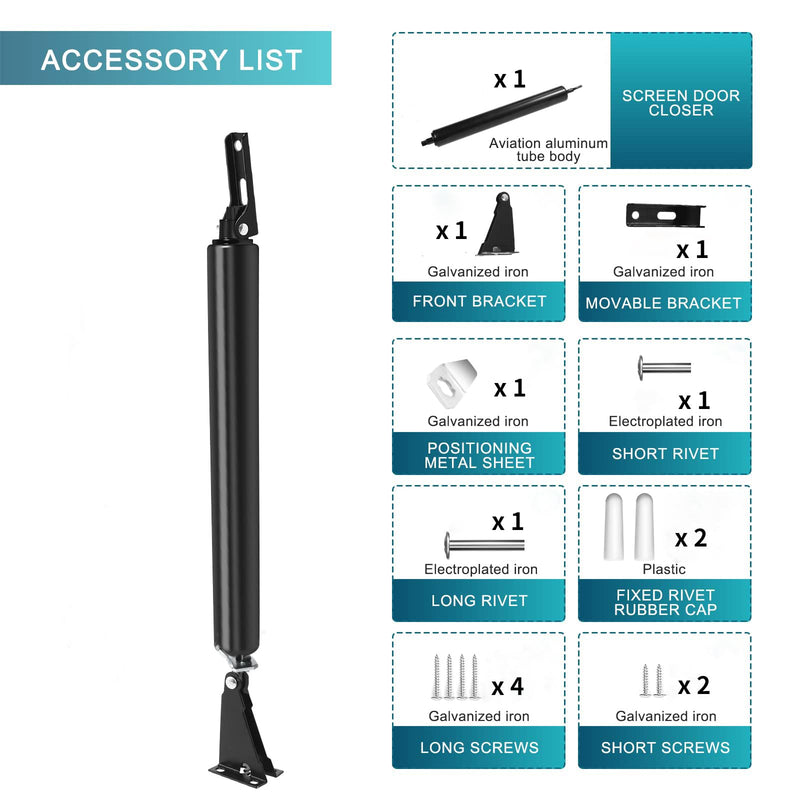 Screen Door Closers Kit,Storm Door Closer, Pneumatic Door Closer Bracket Adjustable Closing Door Cushion Speed, Stable Door Closer System, Screen Door Opener and Closer 1Pack(Black) 1 Pack (Black)