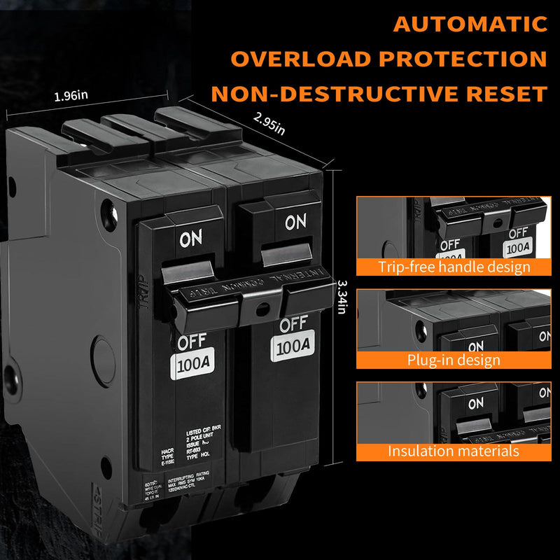 THQL2100 Circuit Breaker 100 Amp 2-Pole, Plug-in Mount, Thermal Magnetic Protection, 10KA, 120/240V, Compatible with GE Q-Line & Thick Series Load Centers
