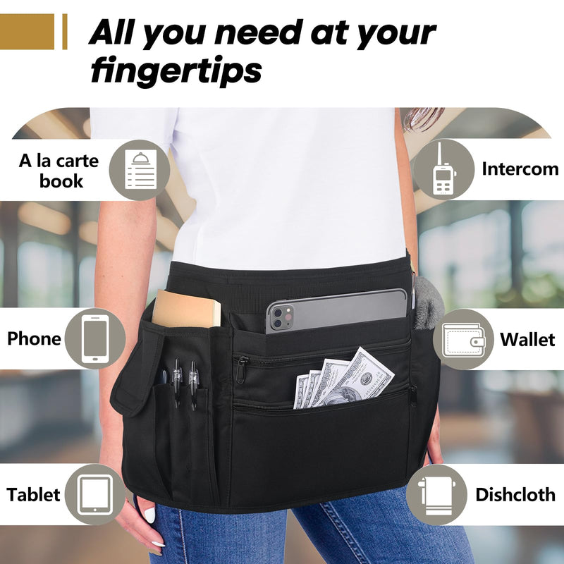 Waitress Apron Server Apron with 7 Pockets, Black Half Apron with Zippers & Adjustable Belt,Waist Apron for Restaurant, Kitchen