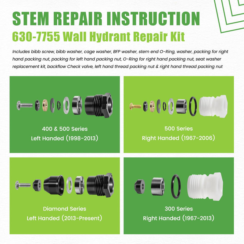 630-8500 Wall Hydrant Complete Service Kit - fit for Prier Mansfield Style 300/400/500 Wall Hydrants - for Diamond 300/400 Series Wall Hydrants - Superior for Outdoor Faucet Maintenance