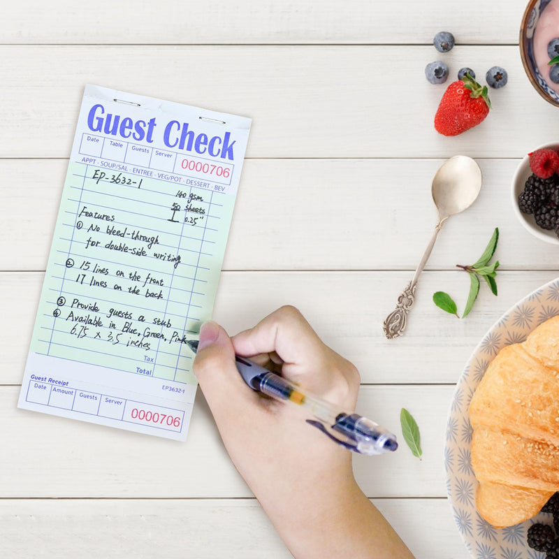 Guest Checks Note Pads - 6 Pack, 300 Sheets, Thick Paper, 3 Assorted Colors, 3.5'' x 6.75'' (EP-3632-1)