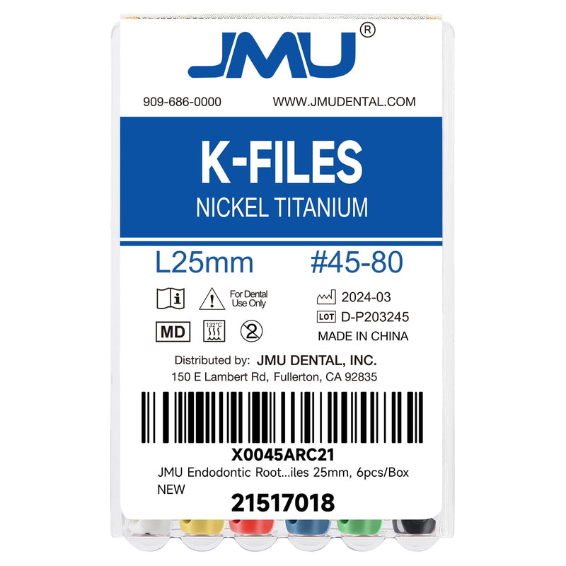 JMU Dental K Files #45-80/25 mm for Endodontic Root Canal, NITI Hand Use K-Files, 6 Pcs/Pack, 10 Packs Total #45-80(25mm)