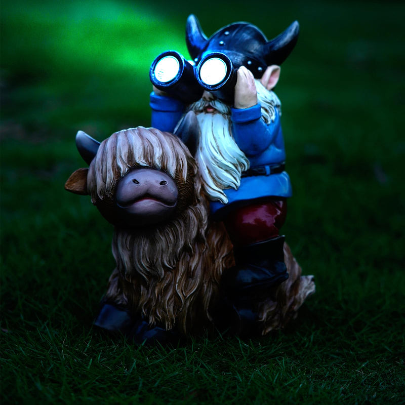 Garden Gnome Statues Resin Gnome Sitting on Highland Cow Solar Lights Outdoor Telescope Gnome Gifts for Yard, Patio Decor Gift(Cow Gnome) Cow Gnome