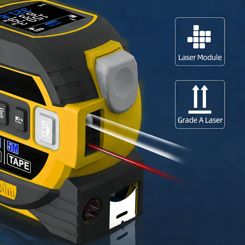 Voice Intelligent Tools Tape Measure 3-in-1 Laser Digital Measuring Tape Ruler-LCD Backlight 5M/16Ft Tape & Laser 80m/262Ft Rangefinder,Crosshairs Markings,Data Storage (Yellow, 80m/262ft) Yellow