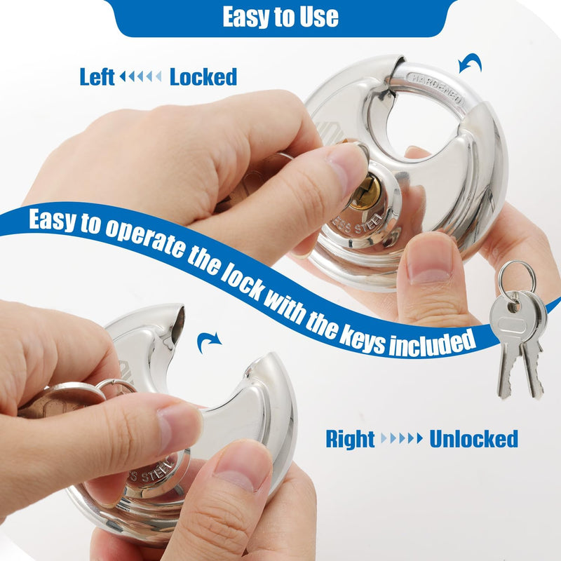 HOX Keyed Disc Padlock, Stainless Steel Keyed-Alike Padlocks, 6-Pack Heavy Duty Locks, Waterproof Outdoors Lock with 3/8 Inch Shackle, 2-3/4 Inch Wide Body, for Hasp Latch, Fences, Storage Locker DP-6P