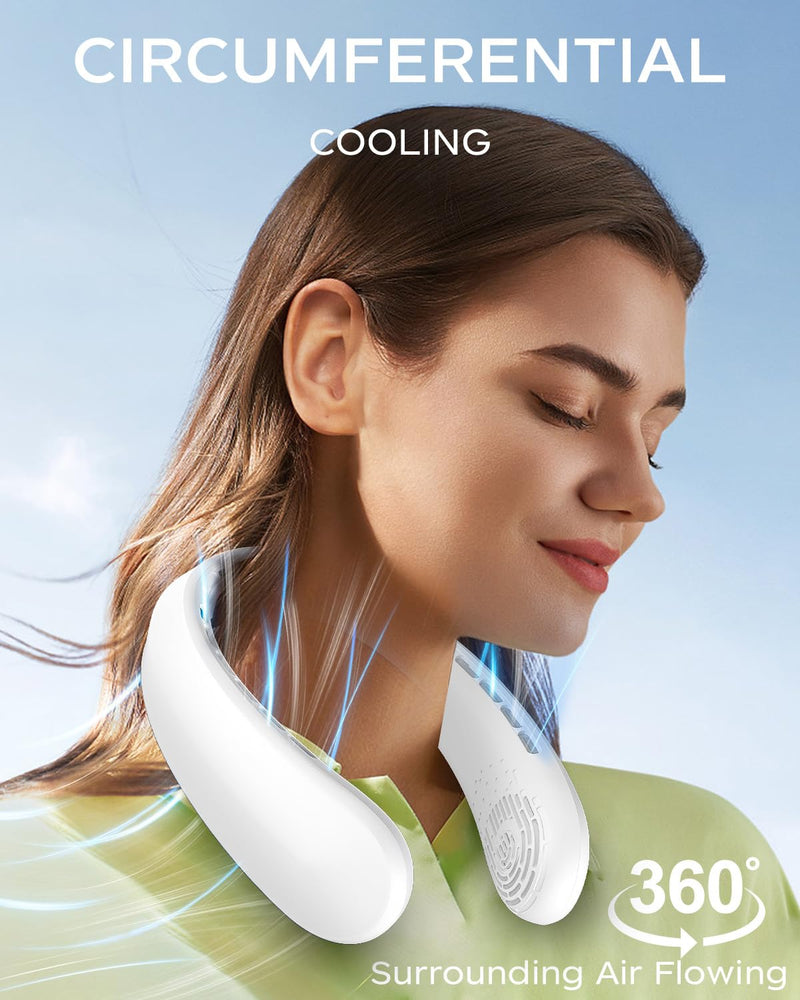 Neck Fan, Portable Fan around Neck, 5200mAh Battery Operated Wearable Personal Fan with USB Rechargeable, 3 Wind Speed,Ultra Quiet, Bladeless,Headphone Design for Travel, Men Women White