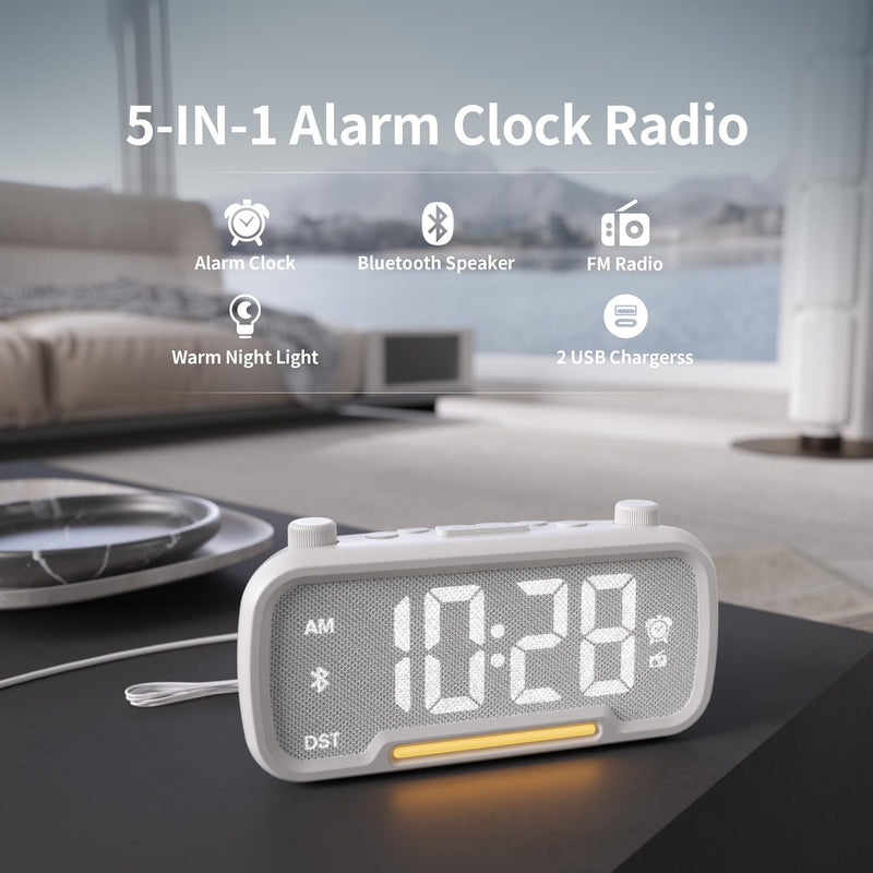 Alarm Clock Radio for Bedrooms, Hi-Fi Sound, Clock Radio with Bluetooth Speaker, Adjustable Dimmer, Auto-off Timer, Night Light, Dual Charging Ports, Ideal for Bedrooms, Dorms & Home Offices(White) White