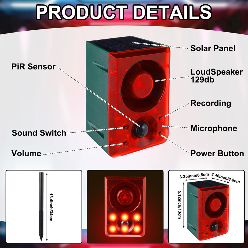Qualirey 2 Pcs Solar Outdoor Motion Sensor Alarm with Stake Gunshot Sound Dog Barking, 3 Modes Support Recording and Adjustable Volume USB Charging 129 dB Loud Noise Maker for Animal Deterrent