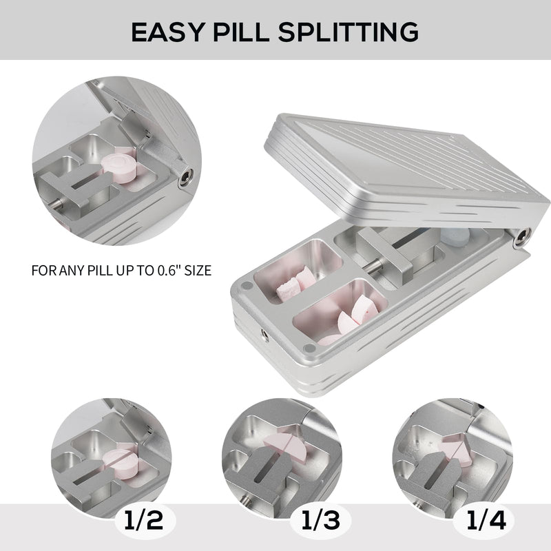 Pill Cutter for Small and Tiny Pills, Professional Aluminum Pill Splitter with Auto Centering Device and 2 Replaceable Stainless Steel Blades, Portable Pill Splitter with PU Case (Silver) Silver