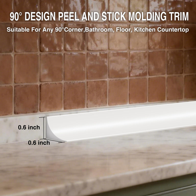 236 Inch Peel and Stick Quarter Round Molding Trim,Bathtub Trim Molding,Sink Gap Filler,Silicone Rubber Kitchen Water Splash 236 Inch Guard,White L Shaped Wall Corner/Baseboard Trim Cover Protector