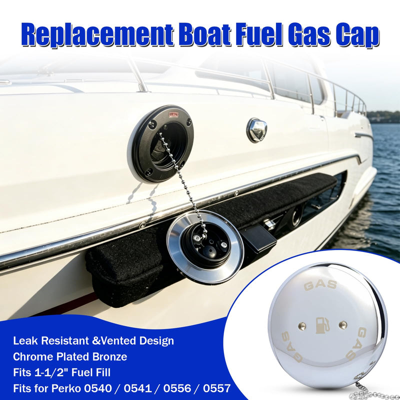 0540DPG99A Boat Gas Cap, Marine Fuel Cap for Perko 1-1/2" Angled Neck Vented Fuel Fills, Chrome Plated Bronze with Chain, O-Ring & Wrench