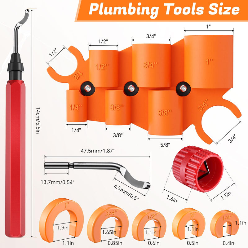 18 pcs 1/4-1 Inch Plumbing Tools Kit Pipe Depth Gauge, Copper Deburring Reamer with HSS Blades, Push Fit Disconnect Clip, Multi Purpose Tool Set for Copper, PVC, PEX, CPVC