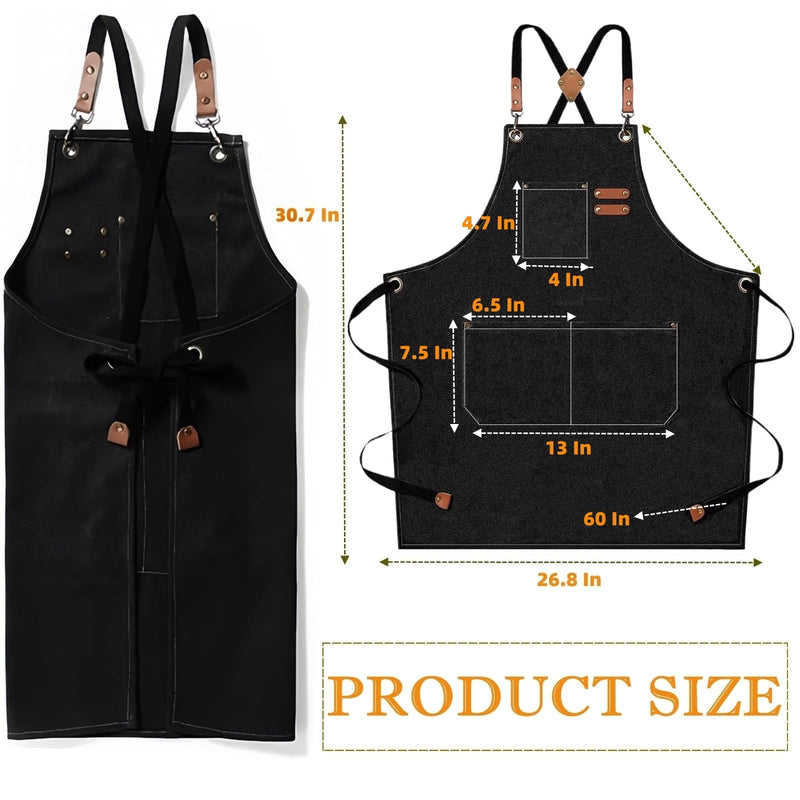BLIRITEL Canvas Work Apron with Cross Back Straps, Chef Apron for Men Women, Adjustable Utility Apron for Kitchen,Workshop Black