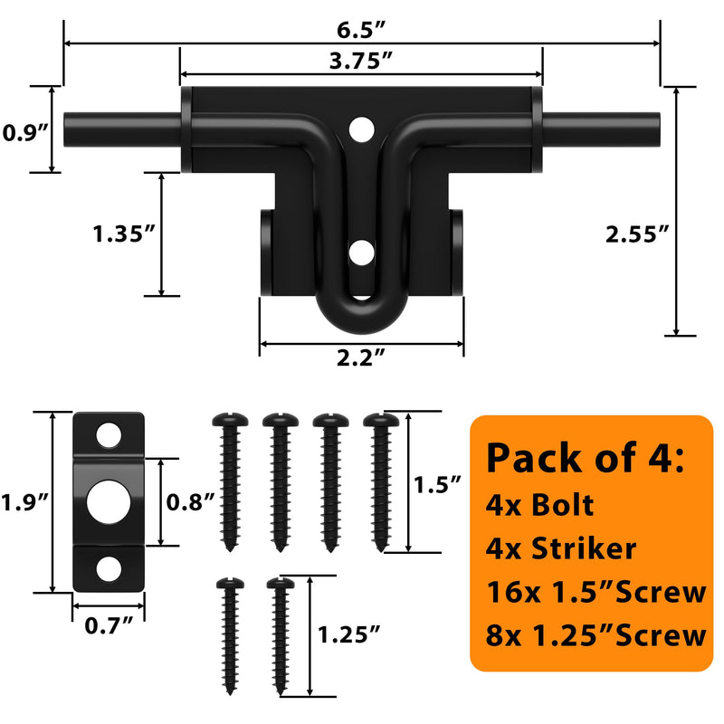 6.4 Inch Heavy Duty Slide Bolt Latch, Bi-Directional Gate Latch with Protective Coating, Solid Hardware Thickened Bolt Latch for Left or Right Hand Swinging and Sliding Doors-4 Pack 4