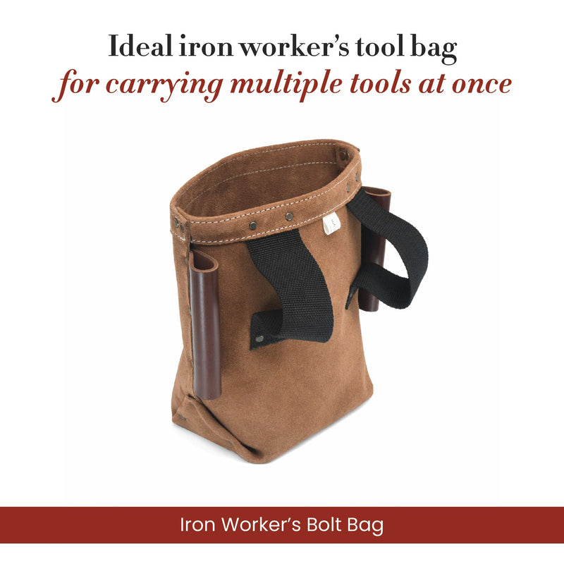 Style n Craft Iron Worker’s Bolt Bag with Double Bull Pin Leather Loops, Heavy-Duty Suede Leather Tool Bag, Dark Tan (88515)