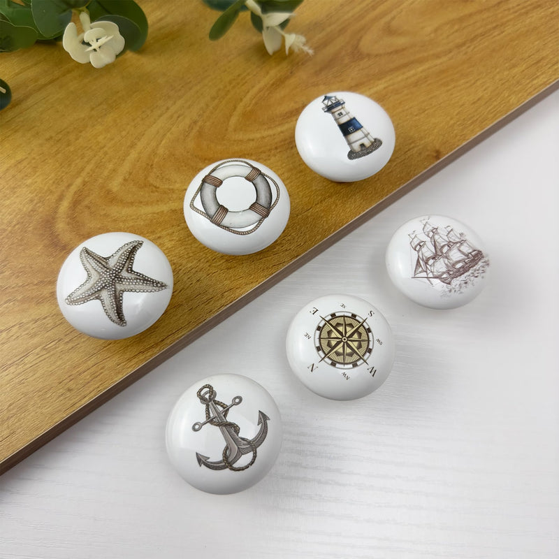 Set of 6 Ceramic Starfish Nautical Beach Coastal Themed Kitchen Cabinet Drawer Pulls and Knobs 1.5 X 1.5 Inches