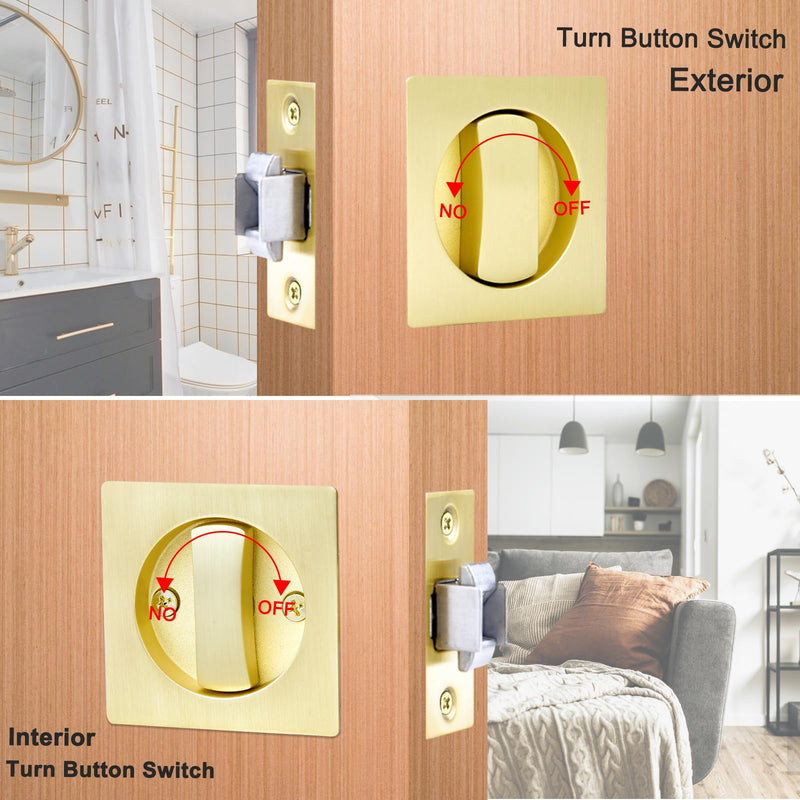 Dontay Pocket Door Passage Lock,Double Sided Rotation Privacy Lock with Large Lever,No Key Flush Mount Latch,Fits Bed&Bath Room Doors Thickness 1-3/8 to 2-3/16 inch(Satin Brass,1) Satin Brass