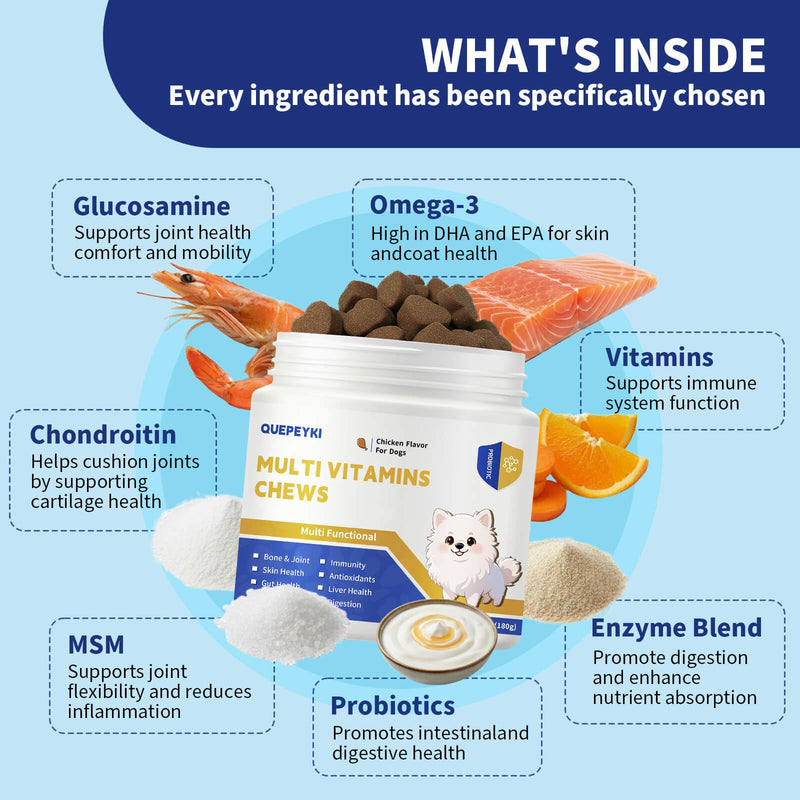 8 in 1 Dog Multivitamins Chewable - Glucosamine for Hip & Joint, Probiotics, Omega 3 for Skin & Coat - Soft Chews Supplement for Puppy & Senior Dogs All Breeds, Chicken Flavor 90 Count
