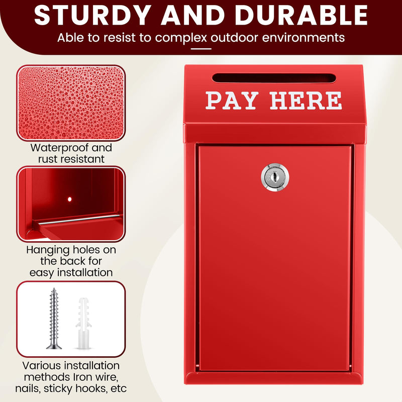 Safe Cash Box Money Collection Box Metal Donation Box with Lock Wall Mount Pre Drilled Mailbox Delivery Ballot Box for Home Office Outdoor Self Serve Stand(Red,10.2 x 5.7 x 2.8 Inch) Red 10.2 x 5.7 x 2.8 Inch