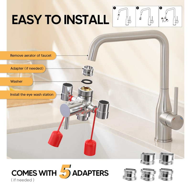Faucet Mounted Eyewash Station with Cover-Faucet Mounted Emergency Eye Wash Station Sink Attachment-Kit for Lab, Factory-Industry Site-Office Home-5X Common Sink Adapter-1X Note Card-1X Warning Postx