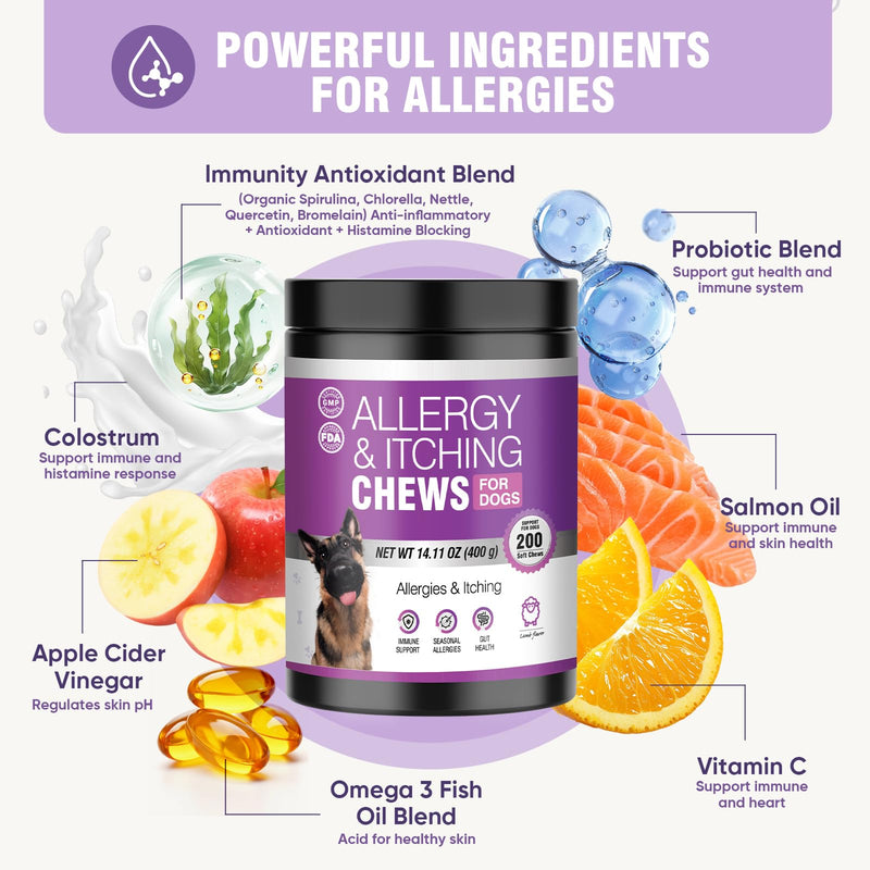 Dog Allergy Chews 200ct - Dog Allergy Itching Skin Relief & Immune Support Anti Itch Probiotics for Yeast, Itchy Skin and Itchy Ears, Vitamins for Seasonal Allergies Itchy Skin, Gut Health, Lamb