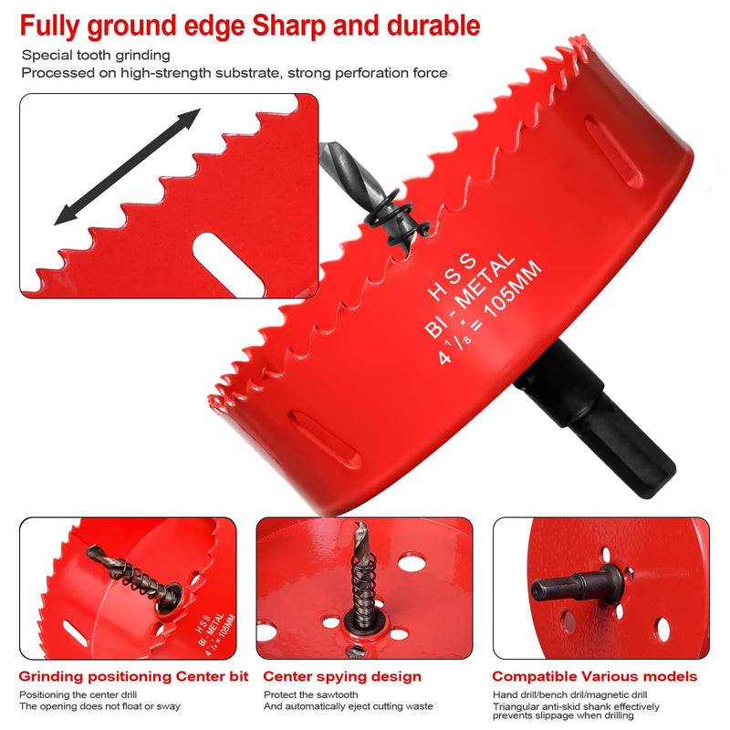 Hole Saw 4 1/8” (105mm) for Wood and Plastic, HSS Bi-Metal Hole Cutter Core Drill Bit for Drywall, PVC Boards, Fiberglass and Vent Pipes Red 4-1/8"(105mm)