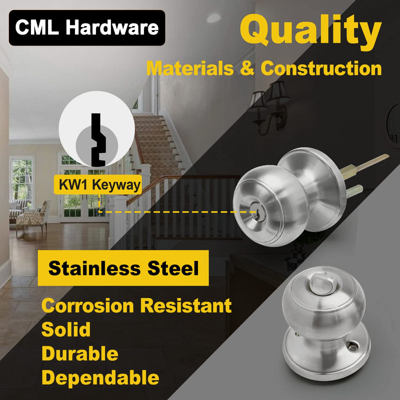 CML Hardware Keyed Entry Door Knob Set, Entrance Door Lock in Solid Stainless Steel for Exterior and Interior, Round Ball Handle, 1 Pack Stain Stainless