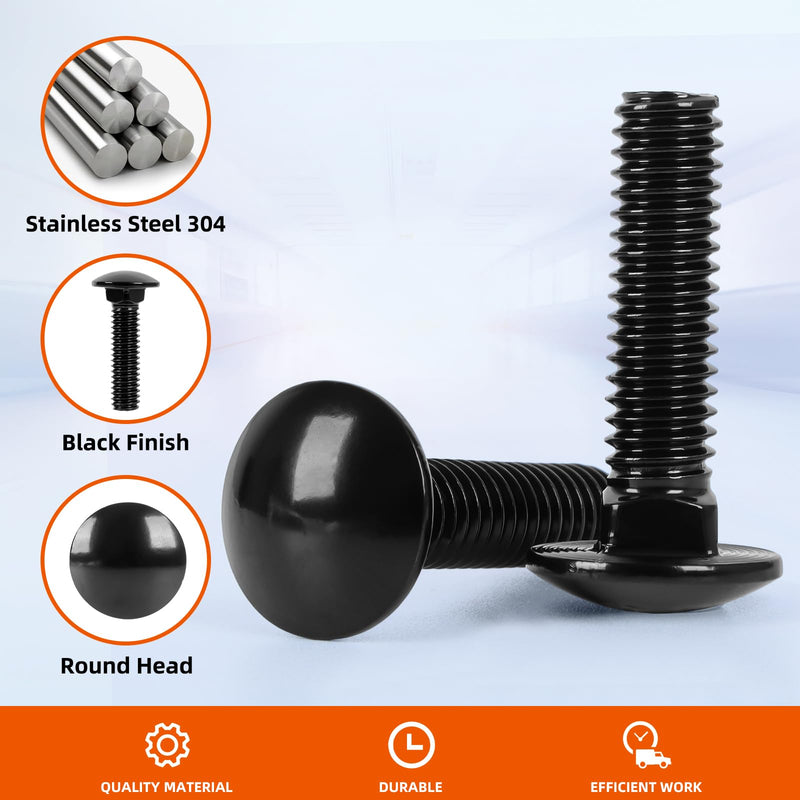 1/4-20 x 1/2" Carriage Bolts Screws, Stainless Steel 18-8 (304), Round Head, Square Neck, Fully Threaded, Black Finish, 25 PCS 1/4-20 x 1/2"