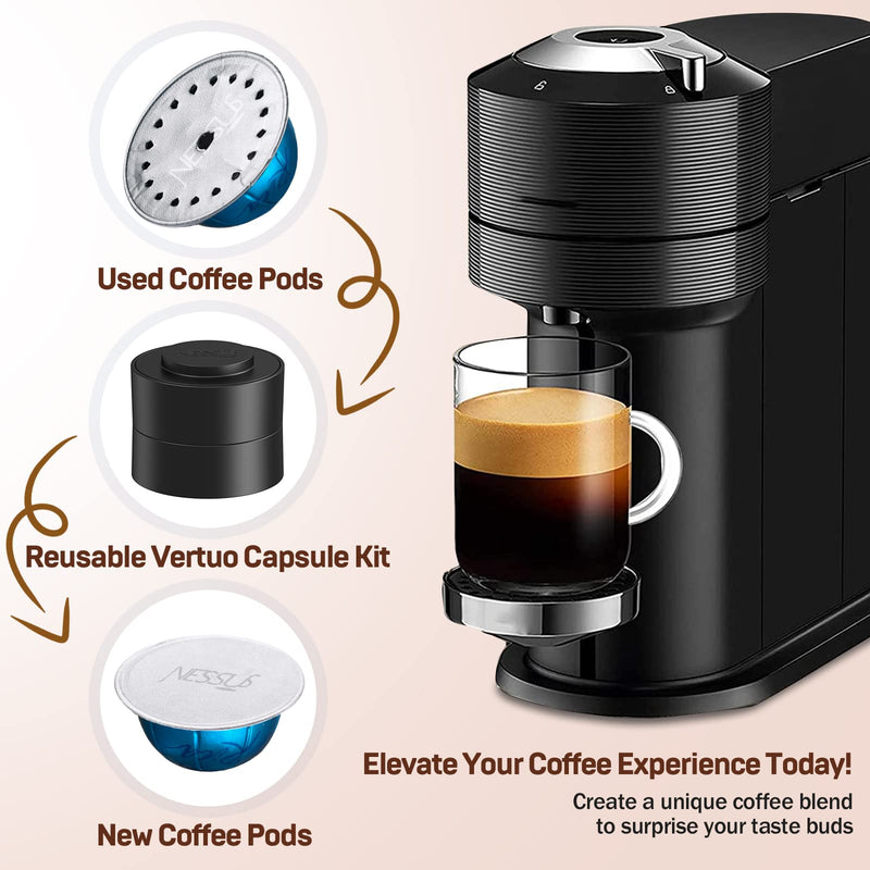 Nessus Reusable Vertuo Capsule Kit, [ALSeal EZ FIT] for Reusable Nespresso Pods with 100 Pcs Aluminum Foil Seal Lids, Holder, Brush, for Refilling Nespresso Vertuo Pods Reusable Vertuoline Pod Black 1 Holder + 100 Foils + 1 Brush
