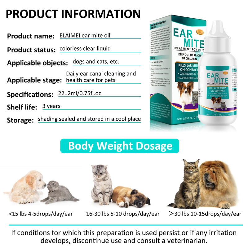 Ear Mite Treatment for Dogs and Cats,Dog Ear Infection Treatment,Aloe Ear Mite,Safe for Pets | 12+ Weeks | 0.75 fl oz 22.2ml 0.75 fl oz(Pack of 1)
