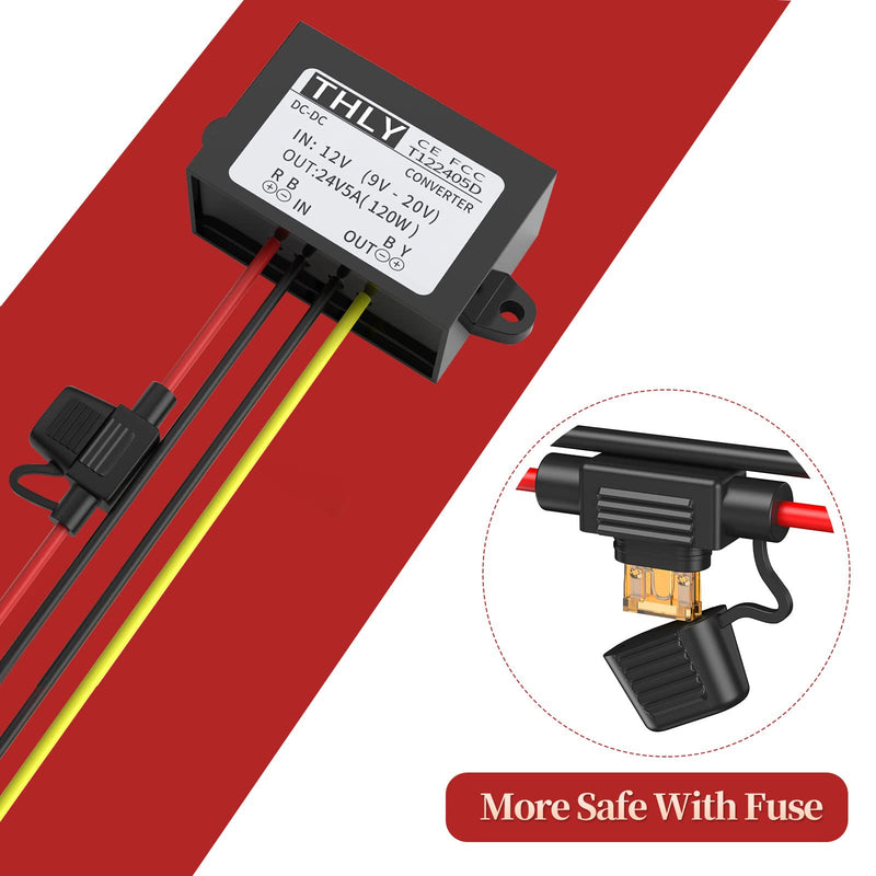 12VDC to 24VDC Vonverter 5A 120W, 12 to 24V Step up Converter with Fuse Waterproof and Wire Terminal Block, 12 to 24 Volt Converter for Golf Cart LED Light Truck Vehicle Boat (Accept DC9-20V Inputs)
