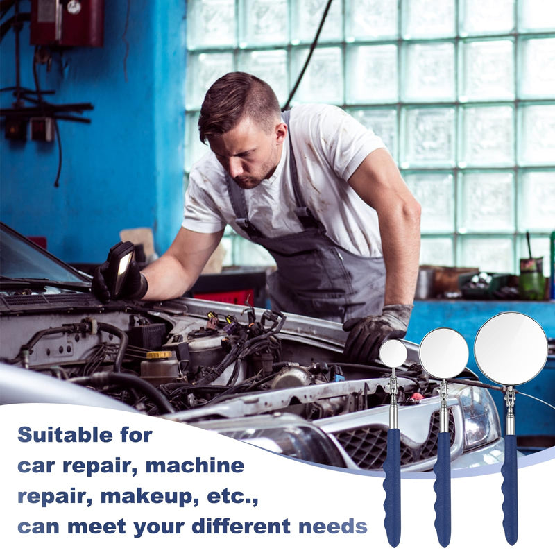 3 Pieces Telescoping Inspection Mirror, Mechanics Mirror Tool with Long Handle, Stainless Steel Round Extendable Mirror for Technicians Mechanics Contractors Checking Observation